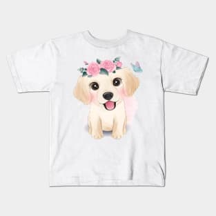 Cute puppy with flowers crown Kids T-Shirt